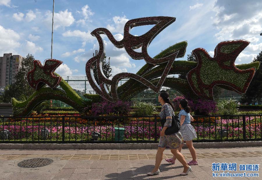 （抗战胜利70周年）（2）北京长安街纪念抗日战争胜利70周年花卉布置基本完成