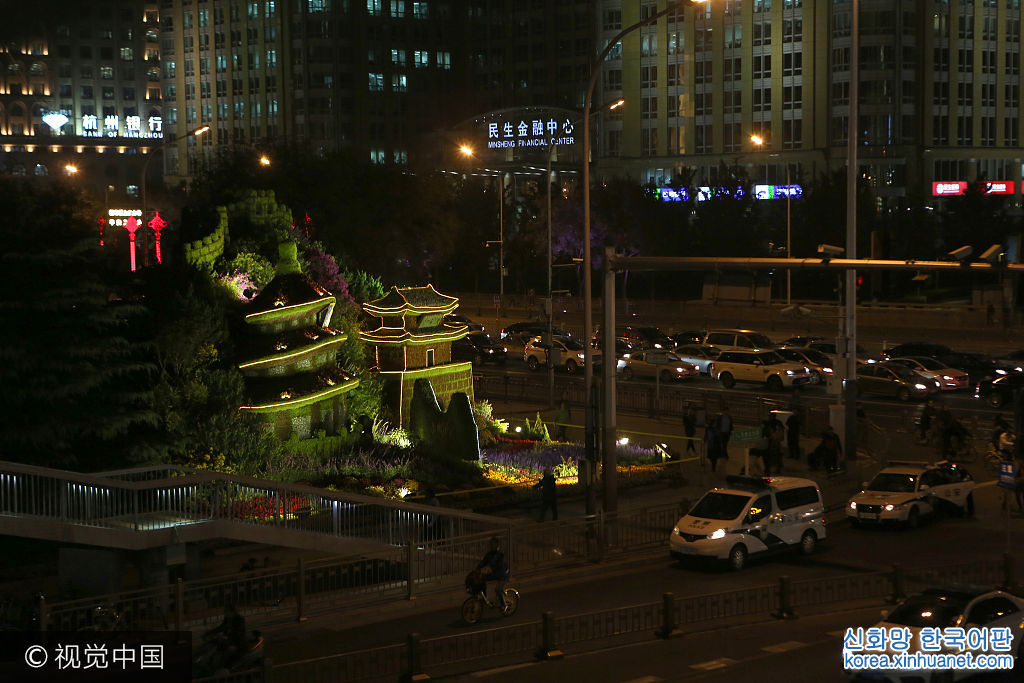 ***_***2017年10月16日夜，北京长安街沿线搭建的主题立体花坛夜景璀璨绚丽，为党的十九大胜利召开，营造了隆重热烈、团结和谐、奋发进取的浓郁氛围。图为东单路口摆放的立体主题花坛。