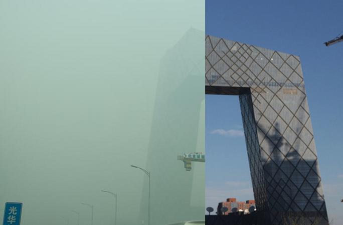 中첫 중도오염 적색 경보, 베이징 경치 전후 대조 사진
