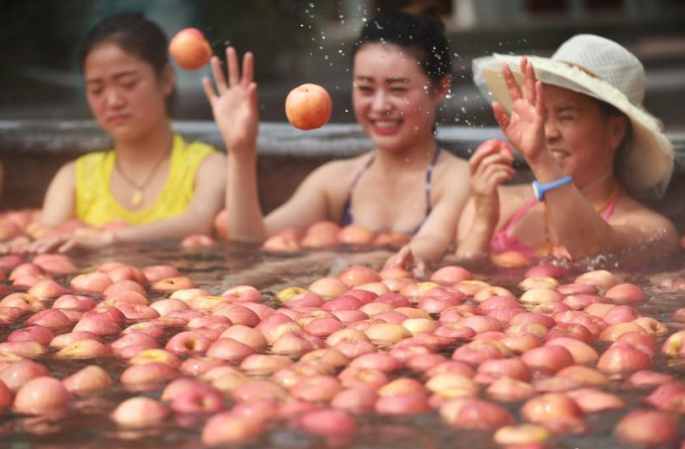 中뤄양 풍경구서 특별 "온천과일욕" 개최...사과, 오이 담근채로 먹어
