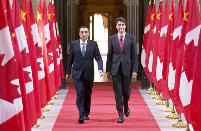 리커창 총리, 트뤼도와 중국-캐나다 협력문건 체결식에 참석