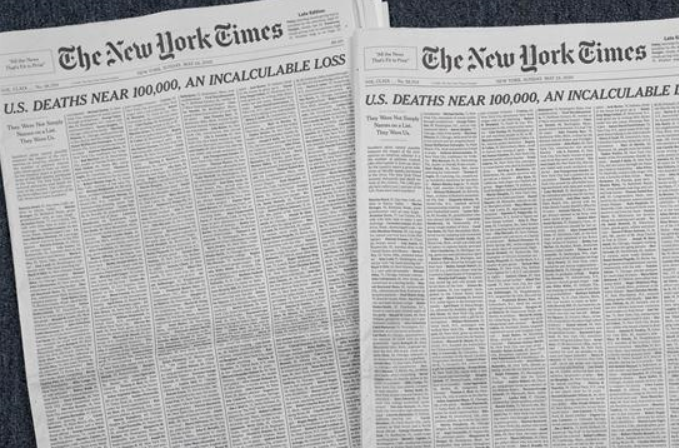 美 코로나19 사망 환자 근 10만명…일부 사망자 명단 ’뉴욕타임스’ 제1면에 실려